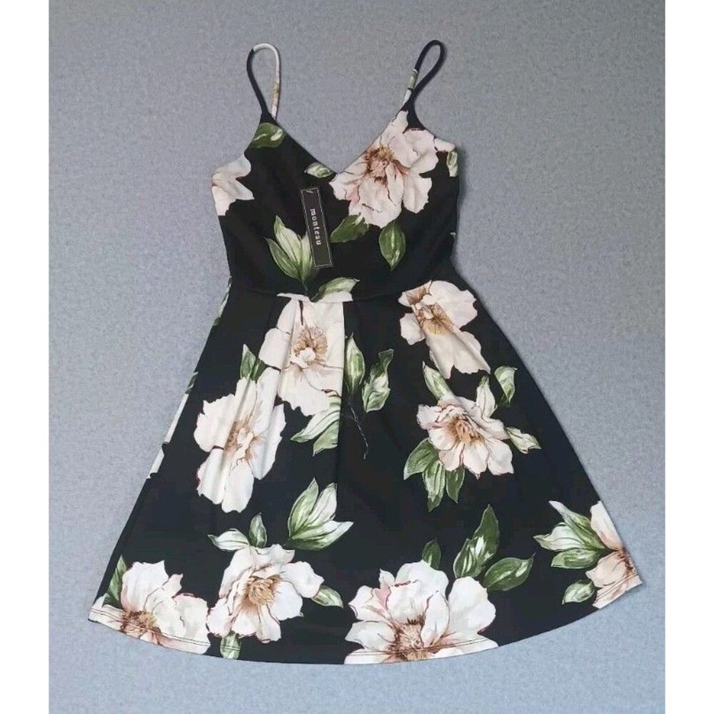 NWT! Monteau Fit Flare Mini Dress XS Black Floral Cottagecore Coquette Romantic